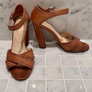 Prada Tan Leather Heeled Sandal with Ankle Strap